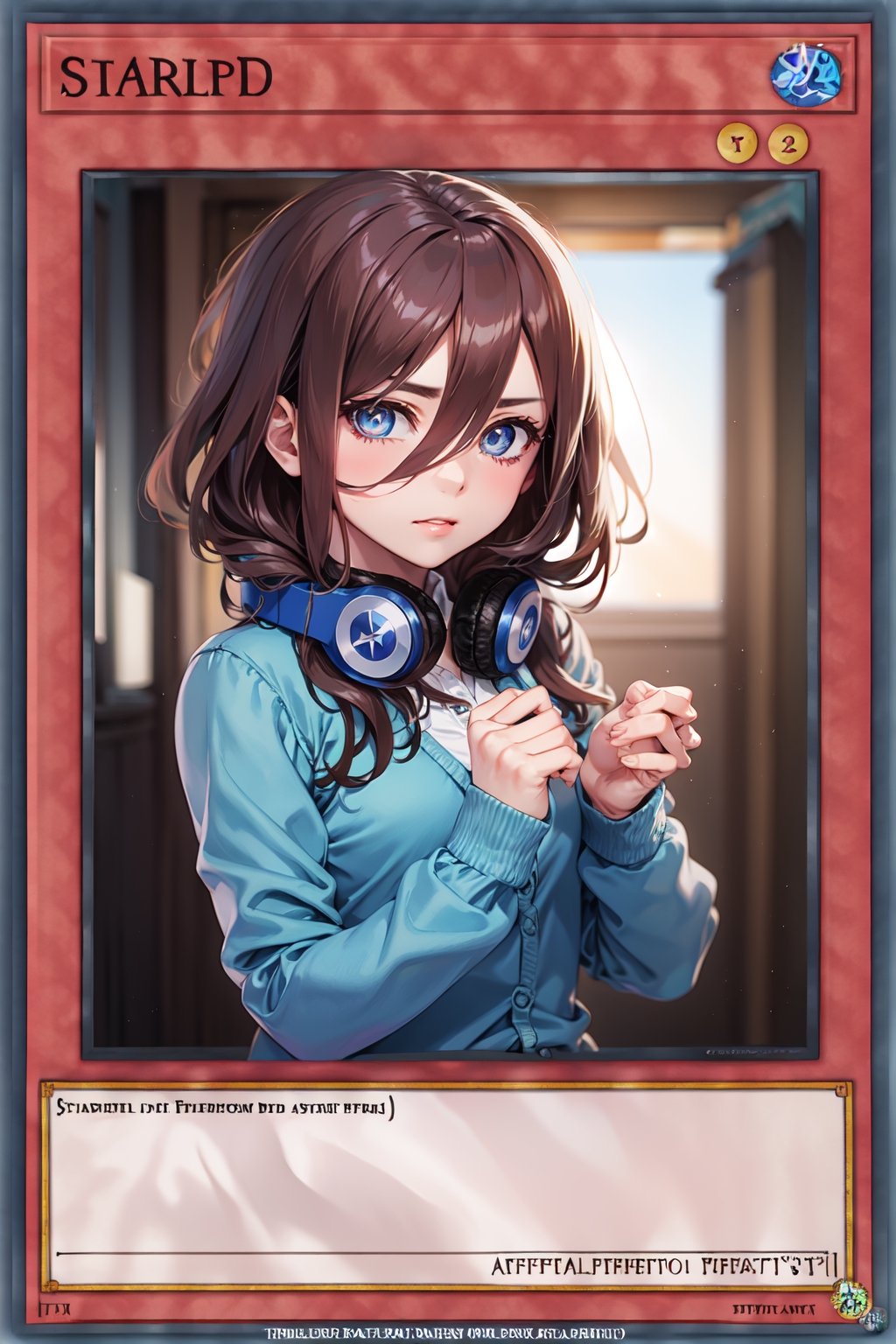 yugioh_card,(anime style),masterpiece, best quality, masterpiece,, long hair, bangs, blue eyes, brown hair, shirt, hair between eyes, headphones, cardigan, headphones around neck,BREAK skirt, shirt, long sleeves, white shirt, pantyhose, pleated skirt, black pantyhose, cardigan, green skirt, blue cardigan,BREAK indoors, classroom,BREAK looking at viewer, BREAK , (masterpiece:1.2), best quality, high resolution, unity 8k wallpaper, (illustration:0.8), (beautiful detailed eyes:1.6), extremely detailed face, perfect lighting, extremely detailed CG, (perfect hands, perfect anatomy),