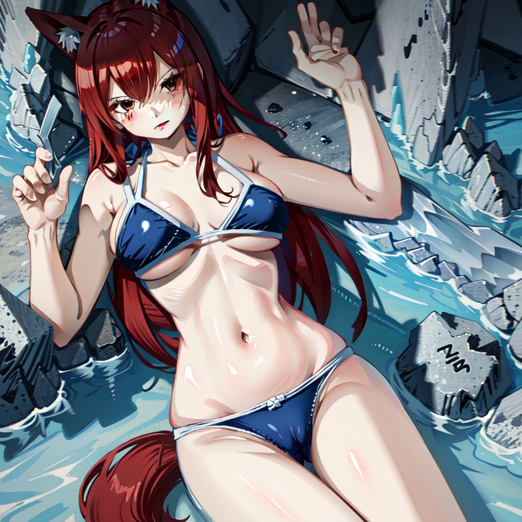 kaga(everlasting killing stone), closed mouth, solo, cameltoe, swimsuit, beach, navel, fox ears, large breasts, tail, fox girl, animal ear fluff, multiple tails, collarbone, cleavage, looking at viewer, blue bikini, bikini pull, blush, fox tail, animal ears, bikini, 1girl, long hair, red hair, brown eyes, hair over one eye
,fairy tail