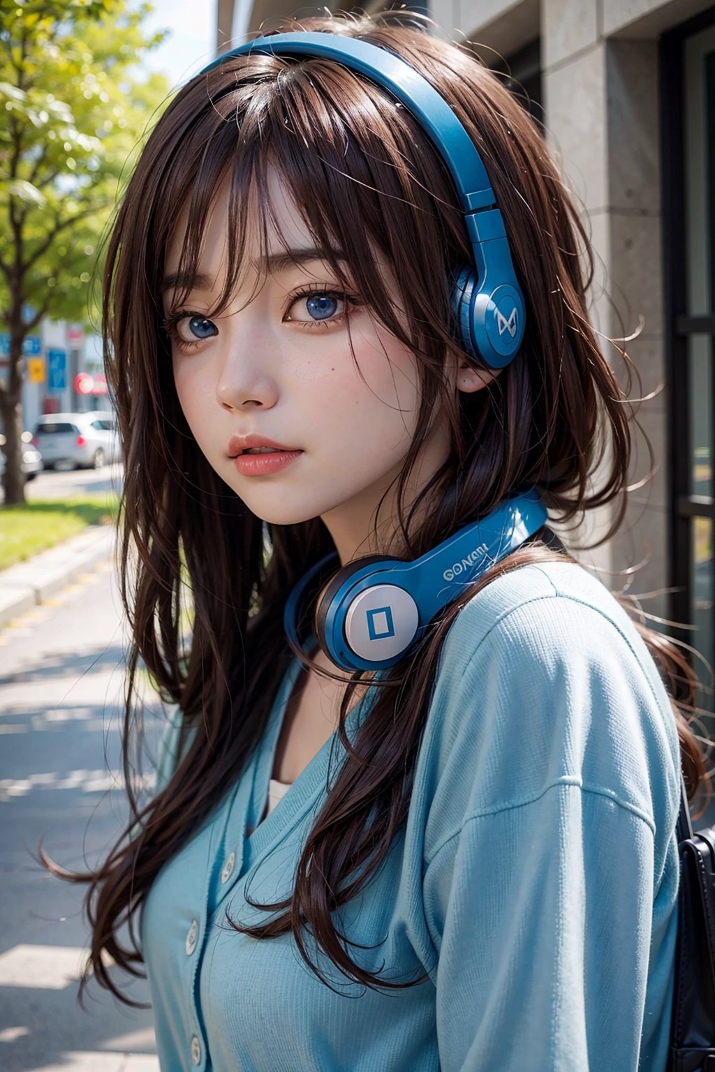  miku nakano, long hair, bangs, blue eyes, brown hair, shirt, hair between eyes, headphones, cardigan, headphones around neck