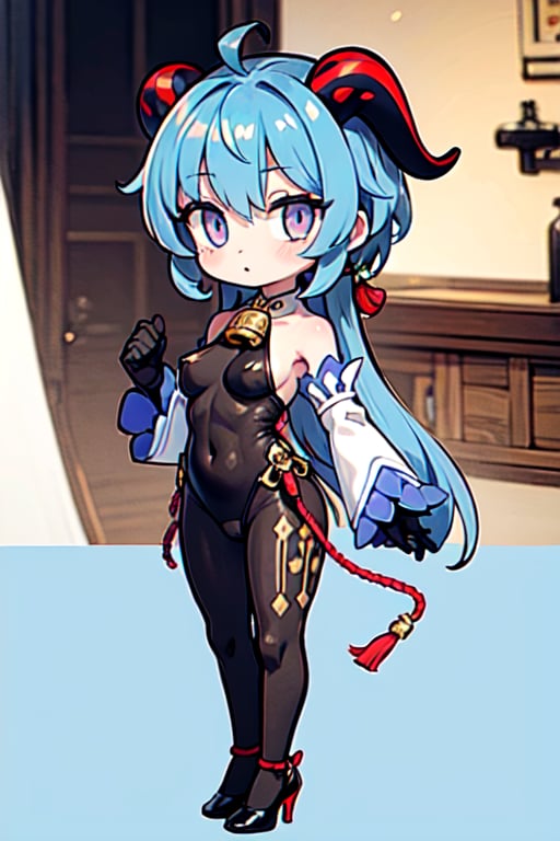 (chibi), full body, solo, 1girl, ganyu, , ganyu, blue hair, goat horns, horns, long hair, (purple eyes:1.1), sidelocks, (small breast:1.2), backless outfit, bare shoulders, bell, black gloves, black pantyhose, bodystocking, bodystocking under clothes, chinese knot, cowbell, detached sleeves, gloves, gold trim, high heels, long sleeves, neck bell, pantyhose, pelvic curtain, white sleeves, wide sleeves, beach, looking at viewer,(masterpiece:1.2), best quality, high resolution, unity 8k wallpaper, (illustration:0.8), (beautiful detailed eyes:1.6), extremely detailed face, perfect lighting, extremely detailed CG, (perfect hands, perfect anatomy),