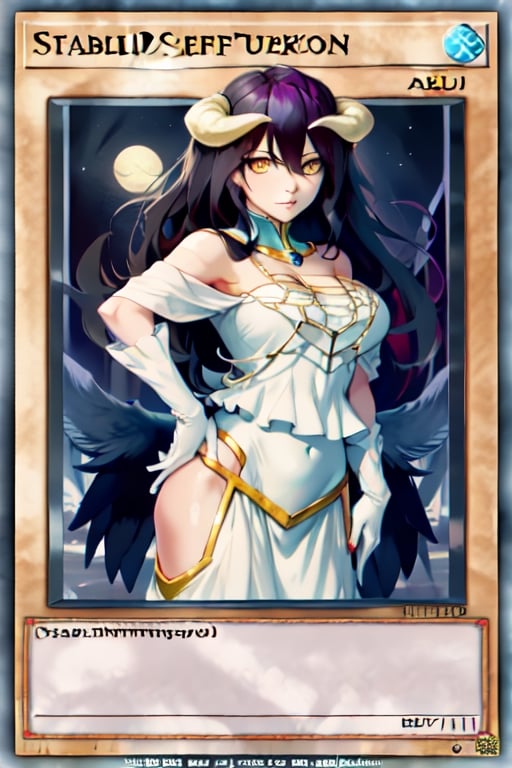 yugioh_card, masterpiece, best quality, highres, al1, demon horns, slit pupils, white gloves, white dress, bare shoulders, detached collar, cleavage, black wings, feathered wings, low wings, cowboy shot, field, ruins, night, standing, hand on hip, black hair