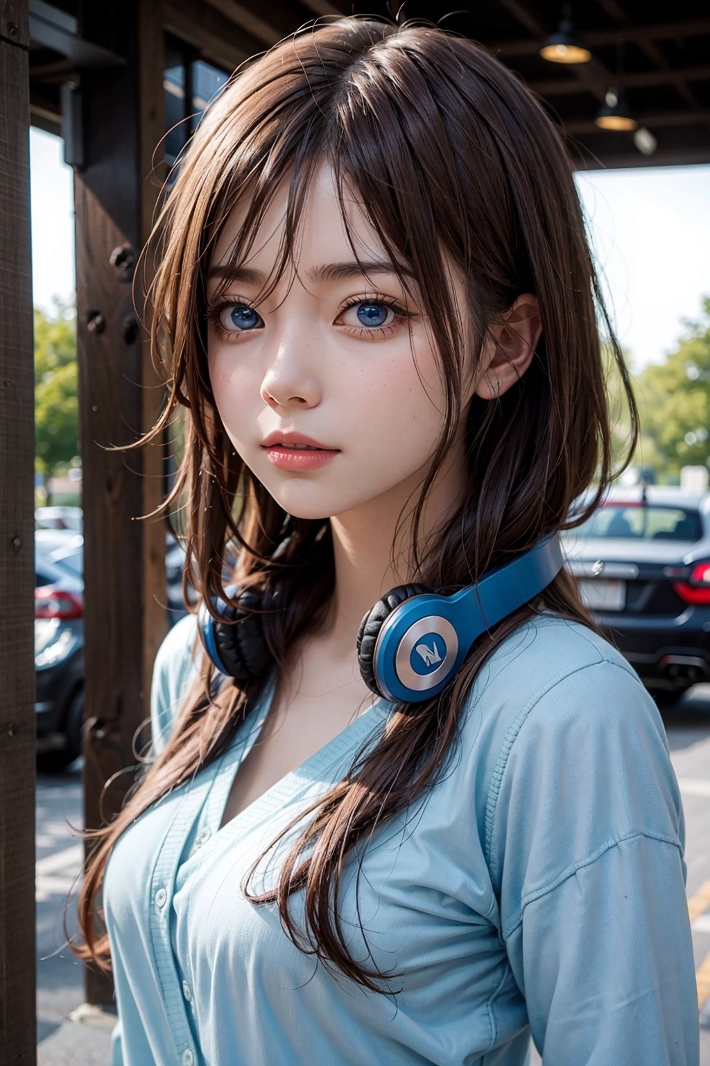  miku nakano, long hair, bangs, blue eyes, brown hair, shirt, hair between eyes, headphones, cardigan, headphones around neck