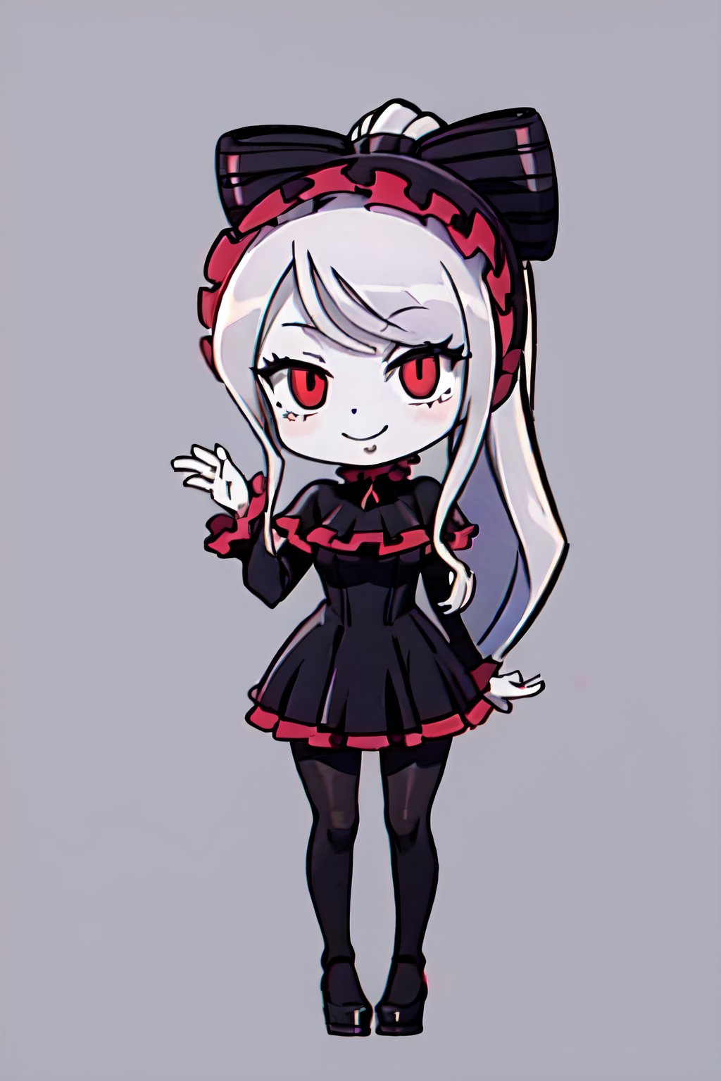 (chibi), full body, solo, 1girl,shalltear, gray hair, very long hair, medium breasts, red eyes, pony tail, bonnet, hair bow, black dress, looking at viewer, seductive smile, captivating pose, cowboy shot, simple background