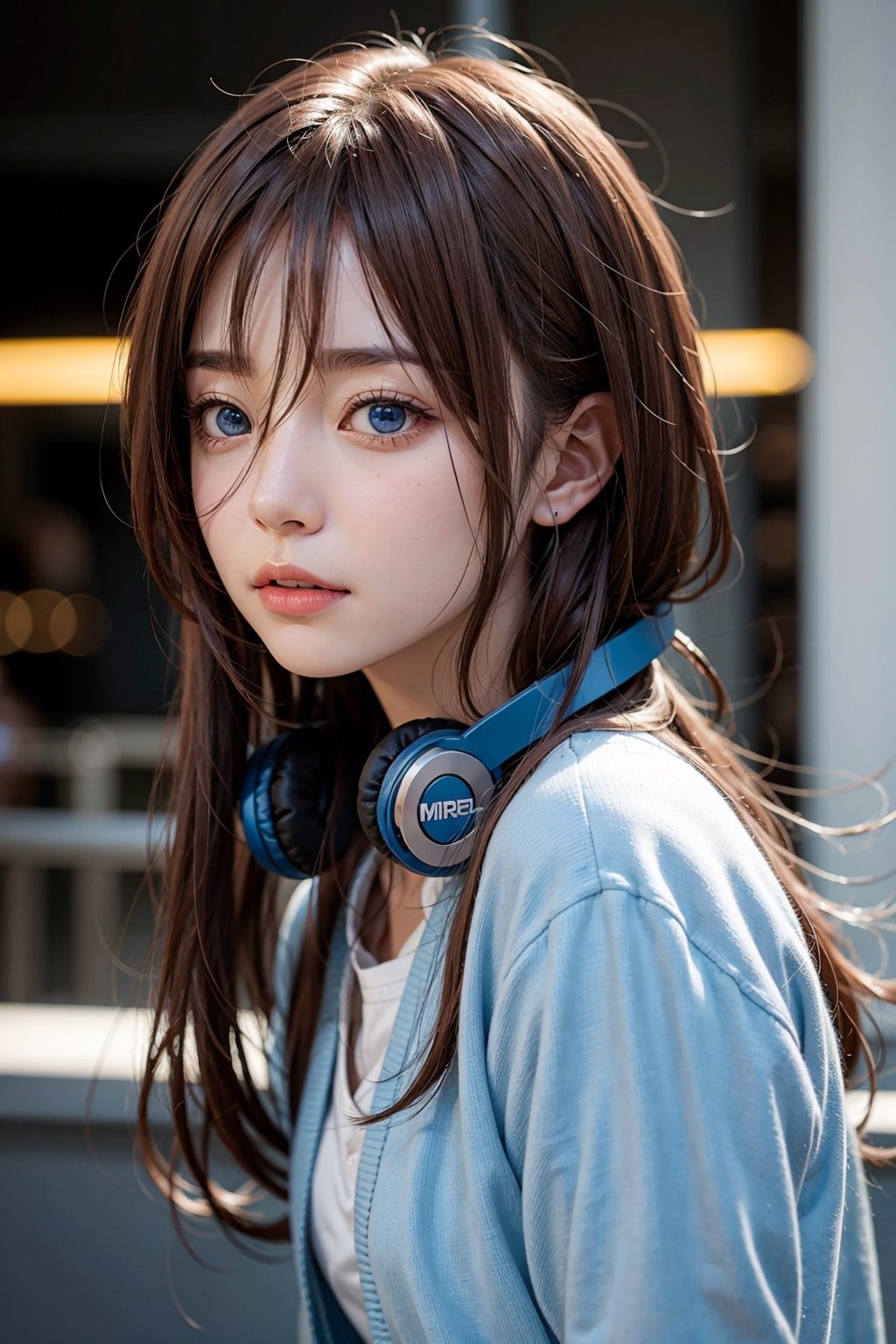  miku nakano, long hair, bangs, blue eyes, brown hair, shirt, hair between eyes, headphones, cardigan, headphones around neck