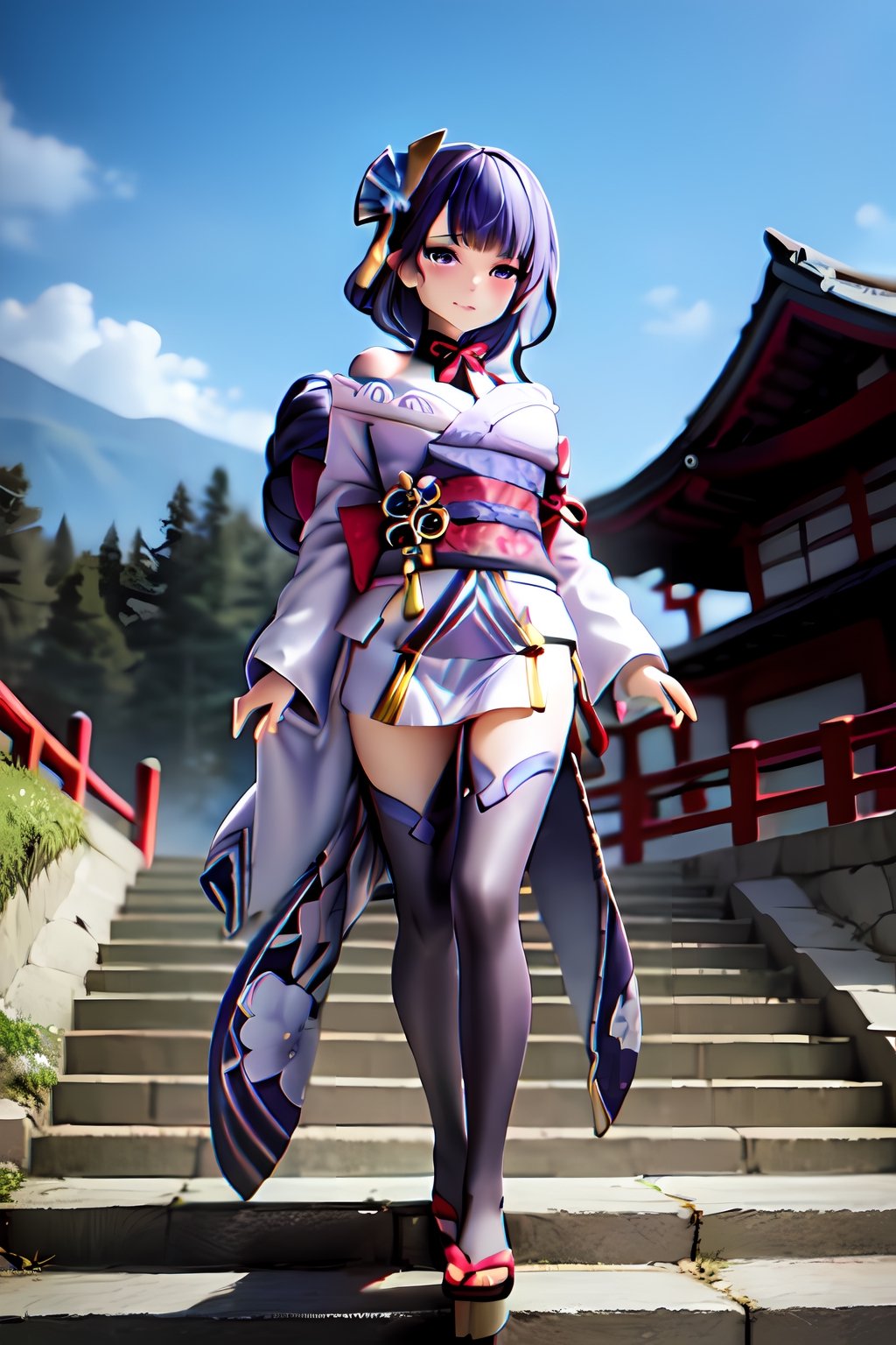 raidenshogundef, full body, smile, blush, outdoors, day, simple background, blue sky, short hair, sky, temple, looking at viewer, stairs, mountain, moody lighting, facing viewer,long hair