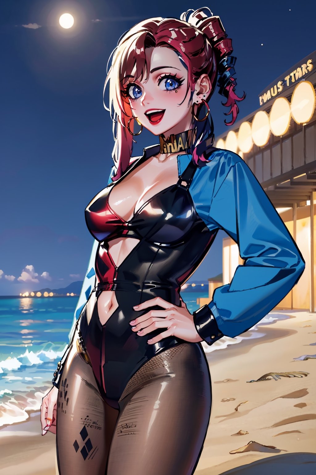 Forest night view, masterpiece, best quality, highres,  gold earrings, large breasts, jewelry, long sleeves, black pantyhose, outdoors, standing cowboy shot, smile, open mouth, hand on hip,pikkyharleyquinn,1girl,two-tone hair,multicolored hair, ((beach at night)),km1