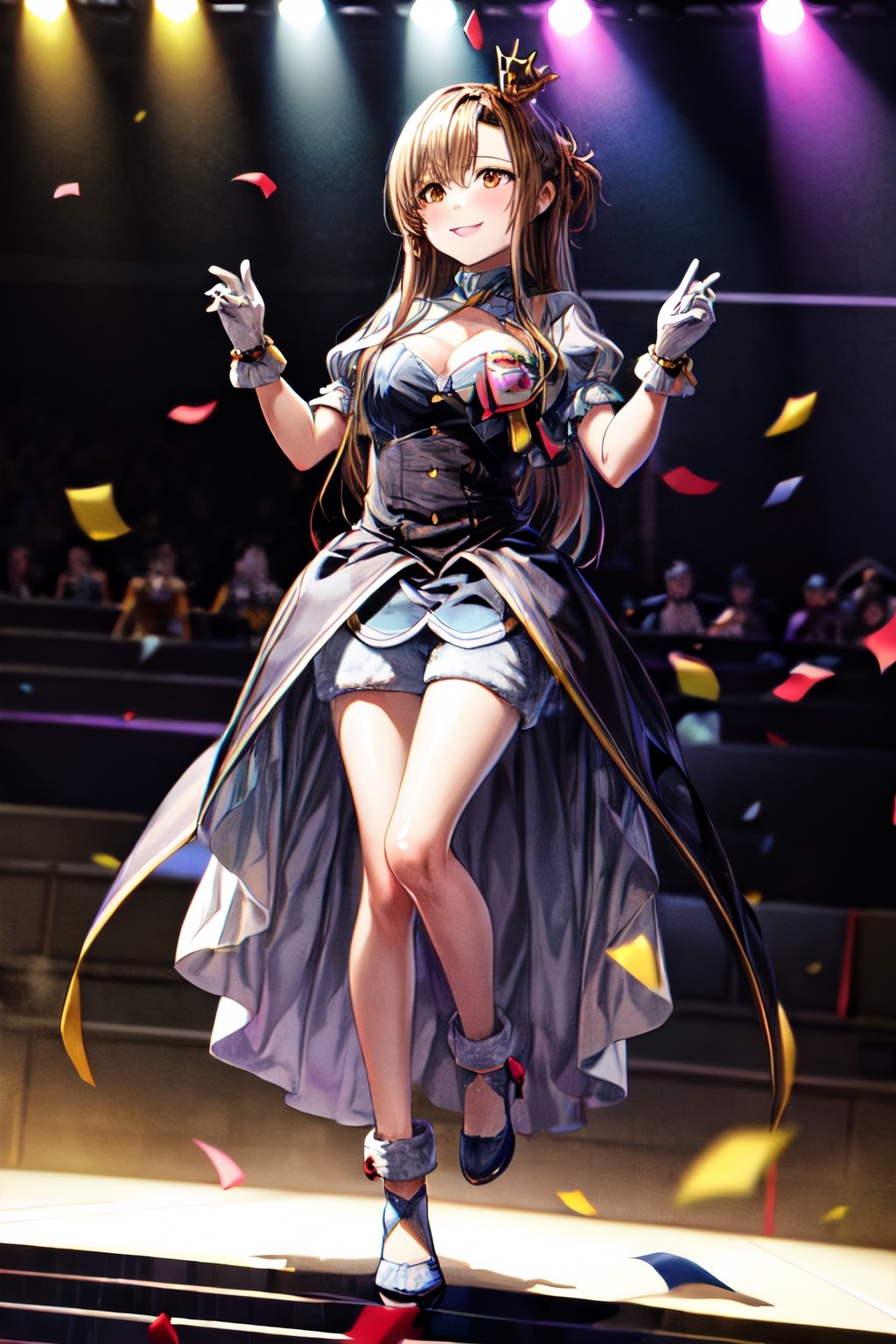 ((masterpiece, best quality), detailed, highres, extremely detailed, beautiful detailed eyes, ultra-detailed),1girl, solo, full body,cleavage, playing,((crown, gloves, dress,mfs)),((Idol girl in dress dancing on stage with confetti)),smile, splash art anime,(long hair,brown hair,(brown eyes:2) ),asuna yuuki