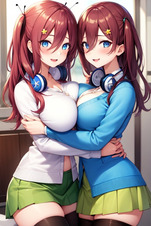 (masterpiece), 2girls, BREAK,
1st girl, pink hair, breast press, hugging, symmetrical docking, butterfly hair ornament, smile, white shirt, white thighhighs,  green skirt, black open cardigan, highly detailed, absurdres, masterpiece,  
BREAK, 2nd girl, brown hair, hugging, breast press, symmetrical docking, hair between eyes, smile, pantyhose, green skirt, blue cardigan, headphones, highly detailed, absurdres, masterpiece,  