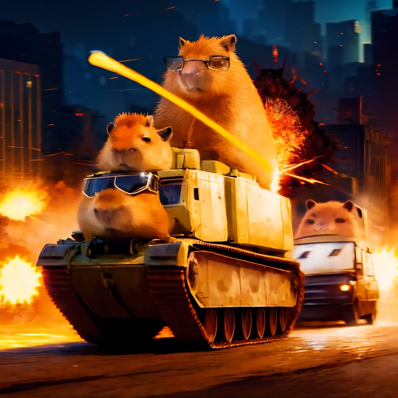 anime, masterpiece, best quality, absurdres, highres, ultra detailed, ((capybara on a tank)),  (kawaii:1.3), (anime:1.4), cute, round eyes, capybara wears sunglasses and a military cap, city, (explosion:1.2), capybara