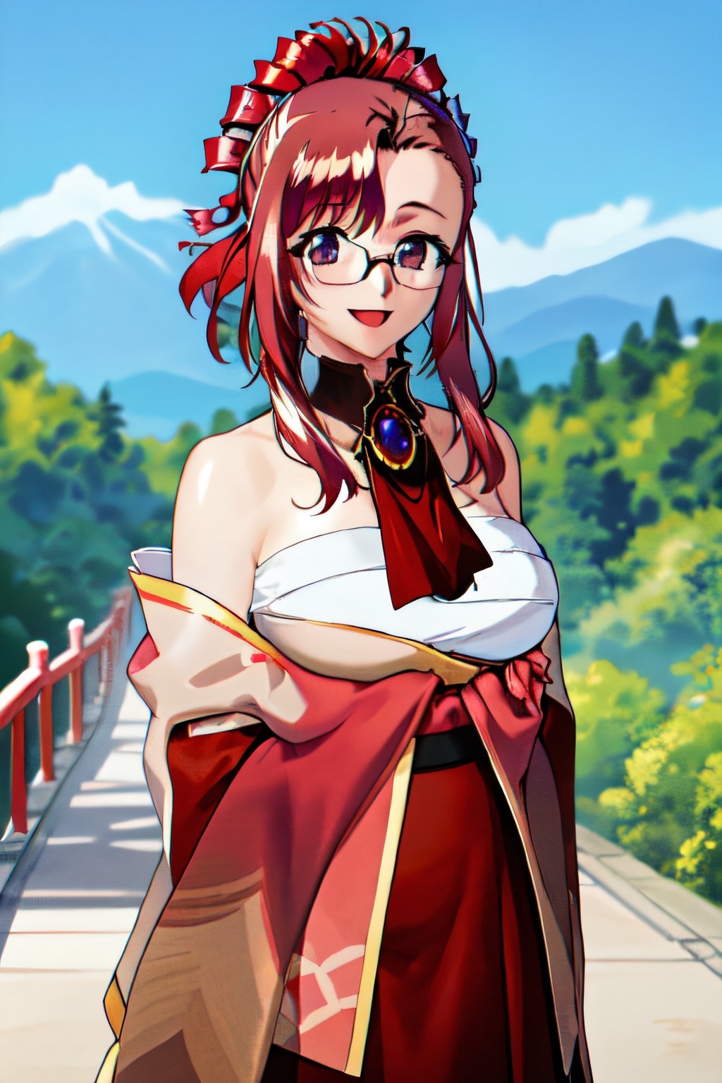 masterpiece, best quality,1girl, large breasts, sarashi, off shoulder, japanese clothes, chest sarashi, highres, km1, red hair, sidelocks, brooch, jewelry, ascot,  glasses, outdoors, graden, arms behind back, smile, open mouth