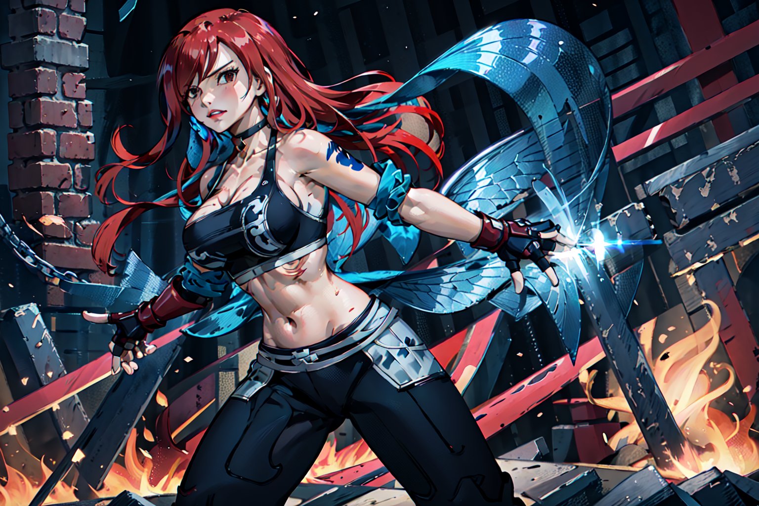 masterpiece, best quality, highres, 1girl, scar on cheek, large breasts, black choker, collarbone, blue jacket, cropped jacket, open jacket, sports bra, midriff, fingerless gloves, black gloves, black pants, , standing, cowboy shot, stair, outdoors, alone, solo, erza scarlet, fairy tail, red hair, hair over one eye, brown eyes, long hair, looking at viewer, tattoo on left arm, red color, bare shoulders, clenched fists, closed hand, fairy tail
