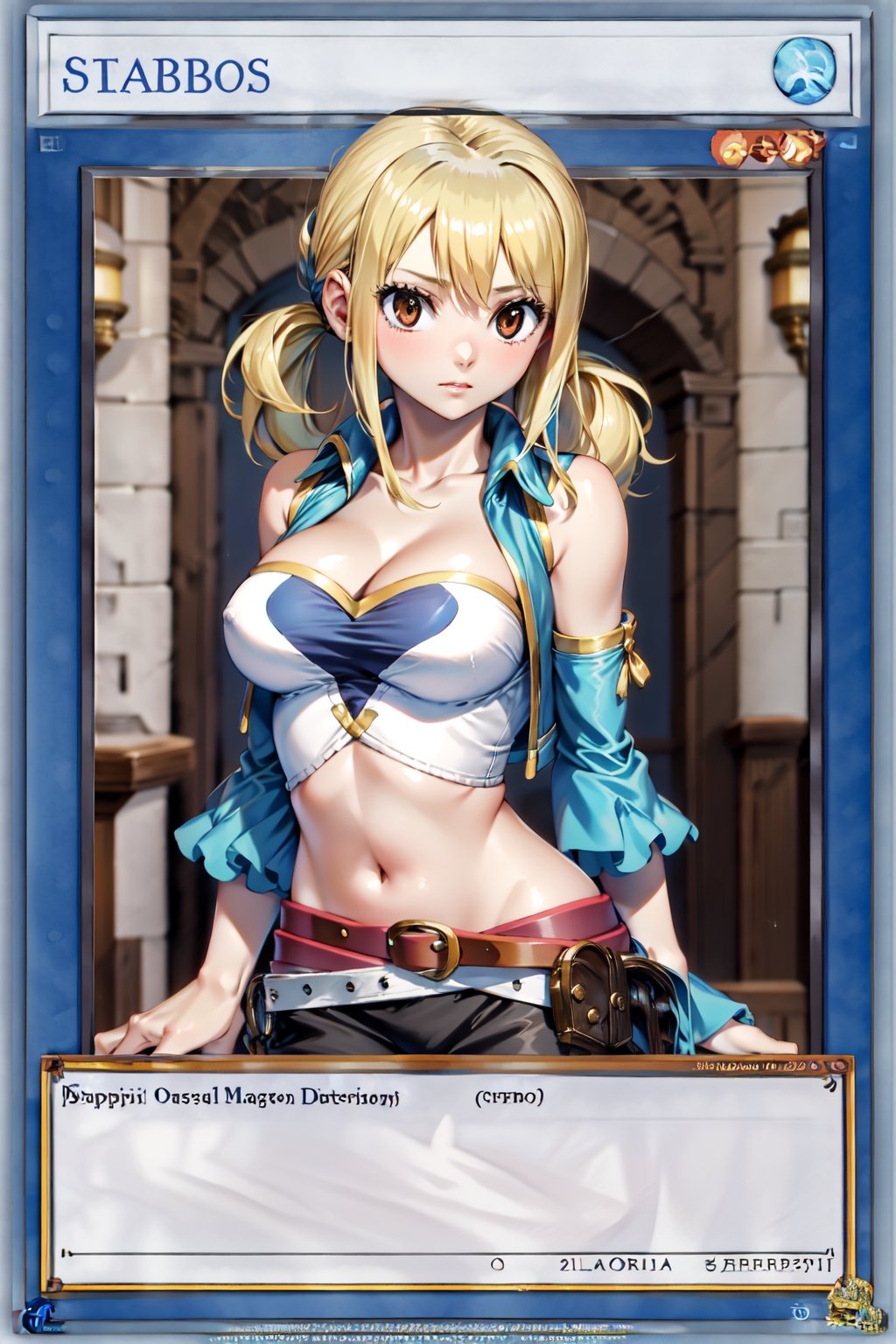yugioh_card,masterpiece, best quality, highres, lucy heartfilia, blonde hair, twintails, large breasts, black thighhighs, detached sleeves, midriff, cropped vest, strapless, belt, black skirt, cowboy shot, indoors, standing