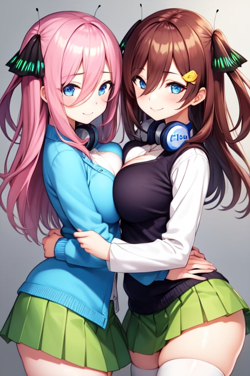 (masterpiece), 2girls, BREAK,
1st girl, pink hair, breast press, hugging, symmetrical docking, butterfly hair ornament, smile, white shirt, white thighhighs,  green skirt, black open cardigan, highly detailed, absurdres, masterpiece,  
BREAK, 2nd girl, brown hair, hugging, breast press, symmetrical docking, hair between eyes, smile, pantyhose, green skirt, blue cardigan, headphones, highly detailed, absurdres, masterpiece,  