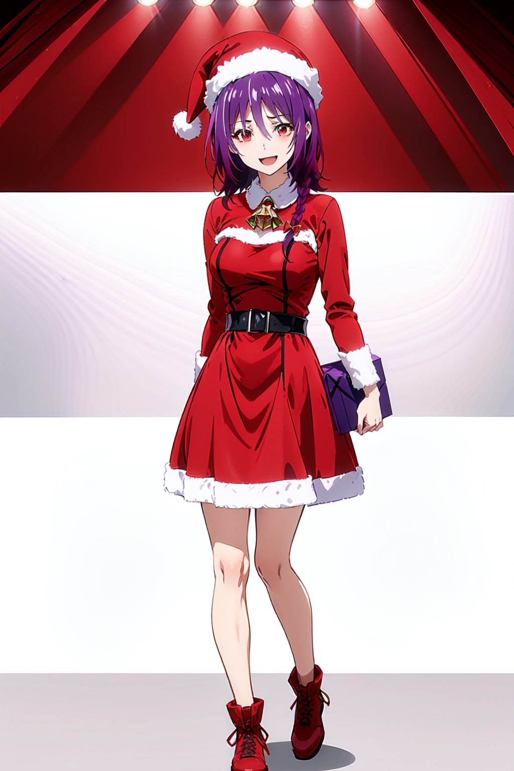 The image shows a woman wearing a ((red dress with and a white Santa hat)). The woman has short ((purple hair)) and wears a red and white striped scarf around her neck. She is smiling and holding a small gift box in her hand. The background is a white wall with a red and white striped border. The overall mood of the image is joyful and festive, ((full body)),red eyes, (((big breats))),1gril, solo, Yuzuki