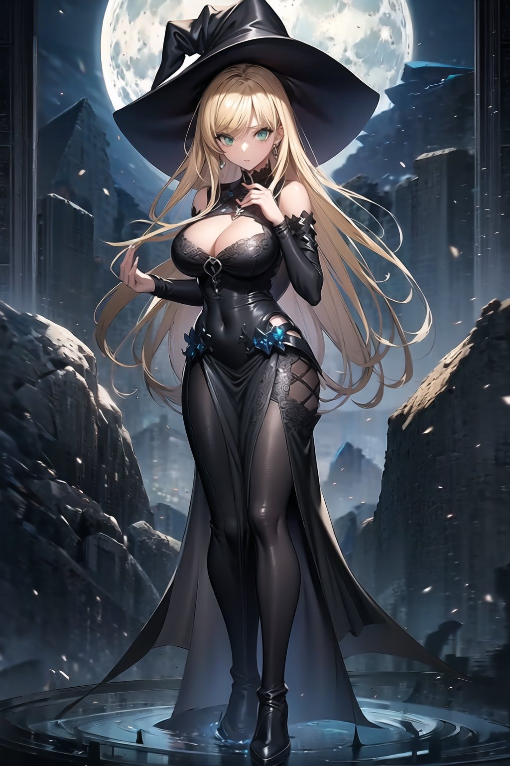  solo,black witch,balck witch hat,black witch dress,detailed face and eyes,1 girl,cleavage,playing, large moon in background, cyberpunk ,styled in Art Nouveau,insanely detailed, embellishments,high definition,concept art, digital art, tarot card,dynamic pose,full body,asia_argento,blonde hair,green eyes,parted bangs