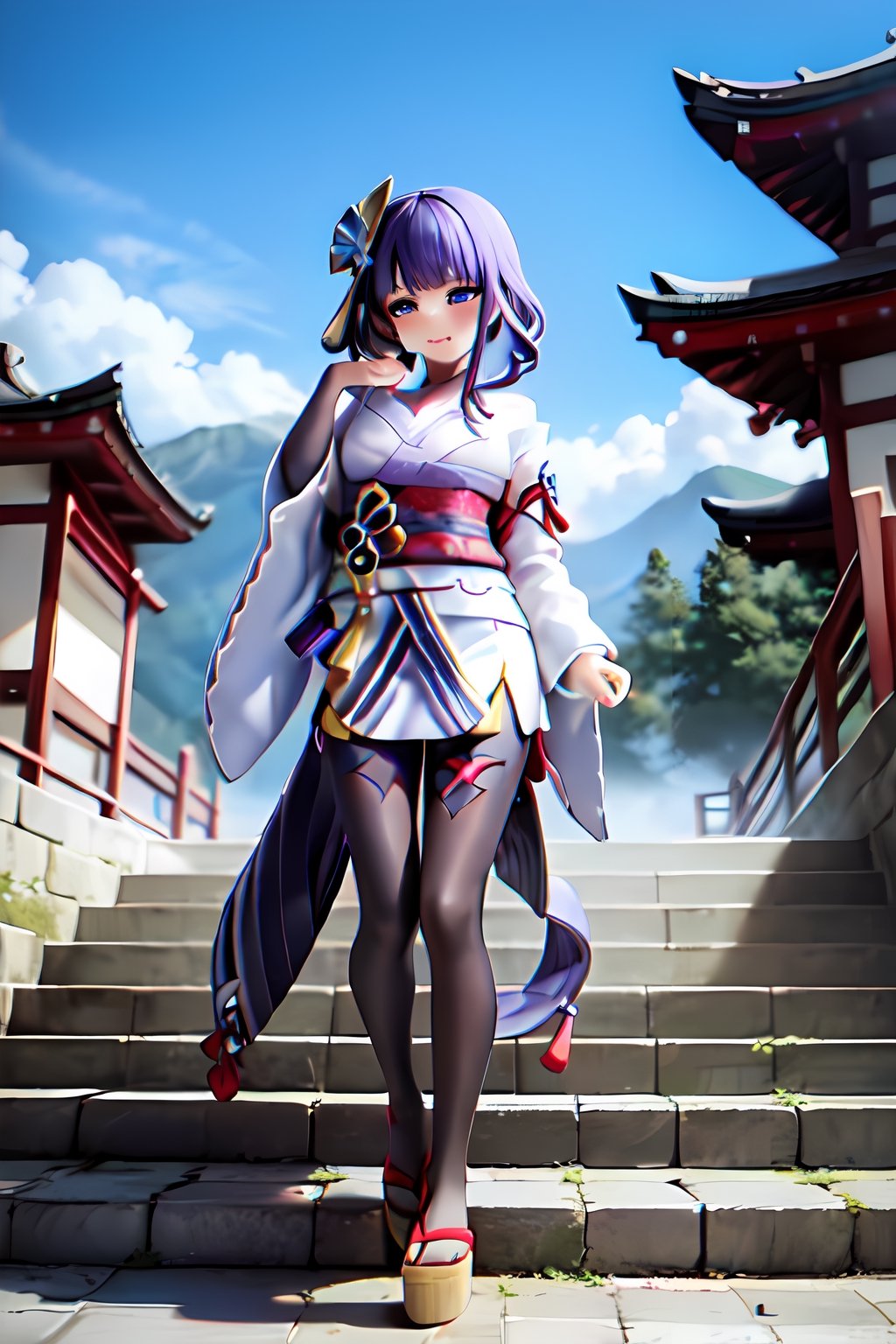 raidenshogundef, full body, smile, blush, outdoors, day, simple background, blue sky, short hair, sky, temple, looking at viewer, stairs, mountain, moody lighting, facing viewer,long hair