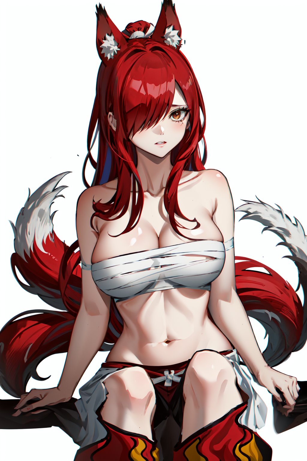 masterpiece, best quality, highres, fairy tail, 1girl, long hair, red hair, ponytail, white ribbon, hair over one eye, brown eyes, large breasts, collarbone, chest sarashi, bandage, bare arms, midriff, red hakama, red pants, white background, simple background, fox ears, tail, fox girl,  animal ear fluff, multiple tails, cleavage, looking at viewer,  fox tail, animal ears, 
