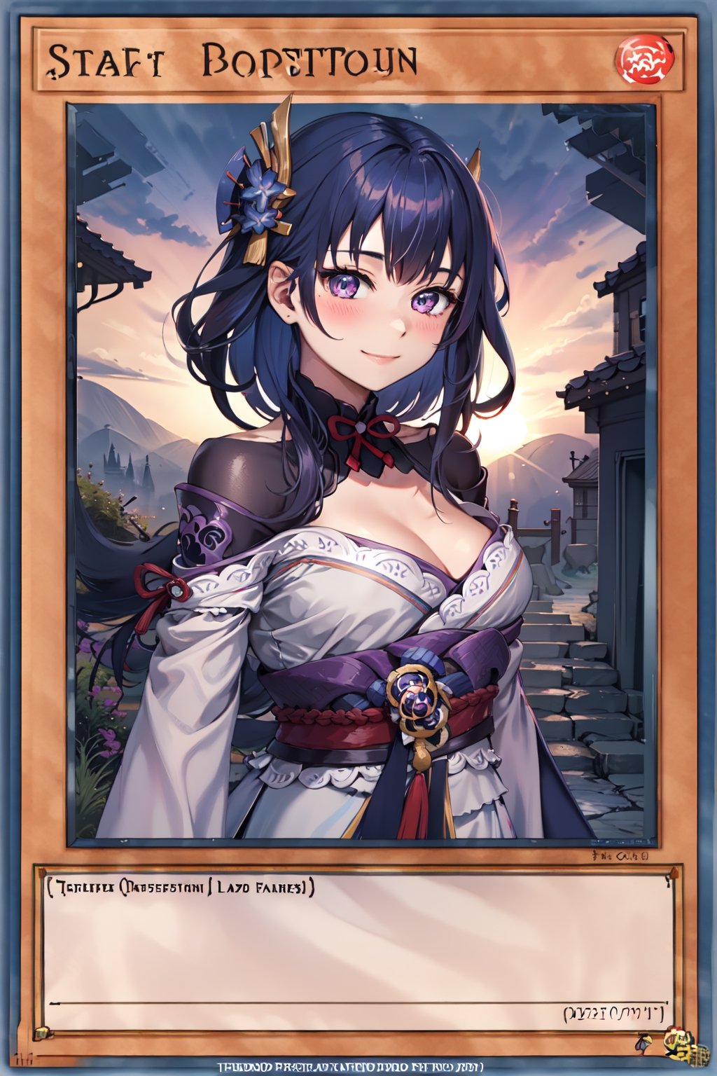 yugioh_card,masterpiece, best quality,raidenshogundef, upper body, smile, blush, outdoors, day, simple background, blue sky, short hair, sky, temple, looking at viewer, stairs, mountain, moody lighting, facing viewer,  gorgeous hair, medium breasts, long hair, blue purple hair,raiden shogun