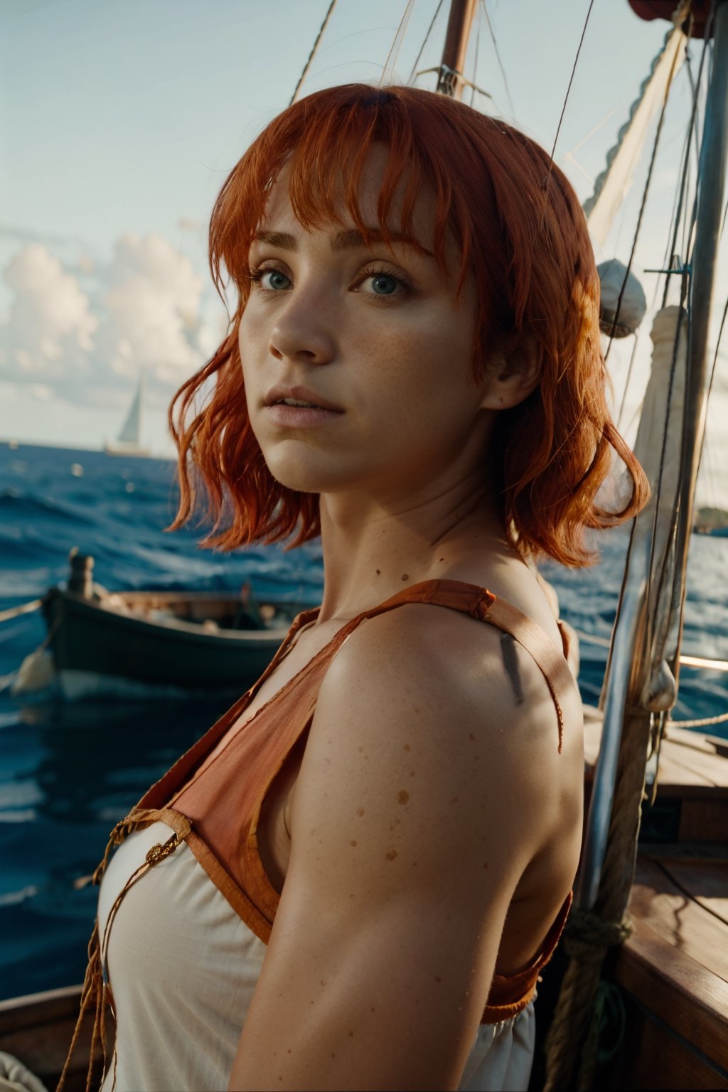 emilyrudd, nami, a woman with red hair on a wooden boat 
, a woman with red hair