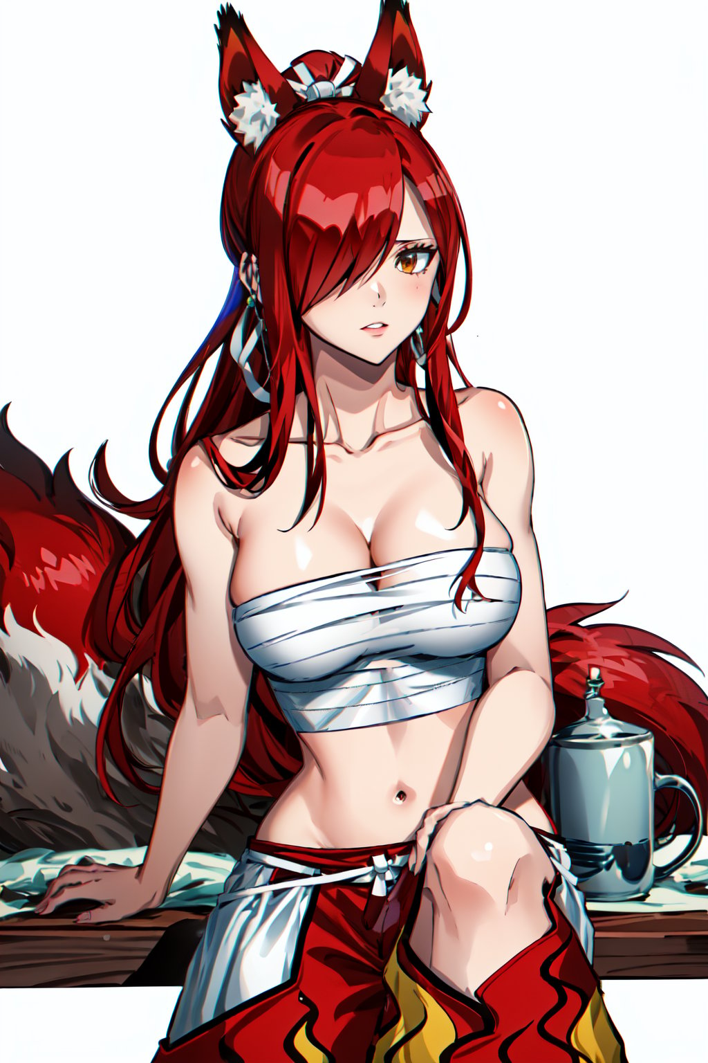 masterpiece, best quality, highres, fairy tail, 1girl, long hair, red hair, ponytail, white ribbon, hair over one eye, brown eyes, large breasts, collarbone, chest sarashi, bandage, bare arms, midriff, red hakama, red pants, white background, simple background, fox ears, tail, fox girl,  animal ear fluff, multiple tails, cleavage, looking at viewer,  fox tail, animal ears, 
