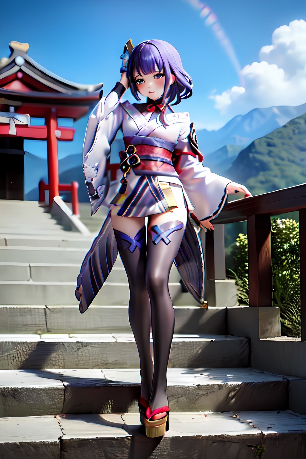 raidenshogundef, full body, smile, blush, outdoors, day, simple background, blue sky, short hair, sky, temple, looking at viewer, stairs, mountain, moody lighting, facing viewer,long hair