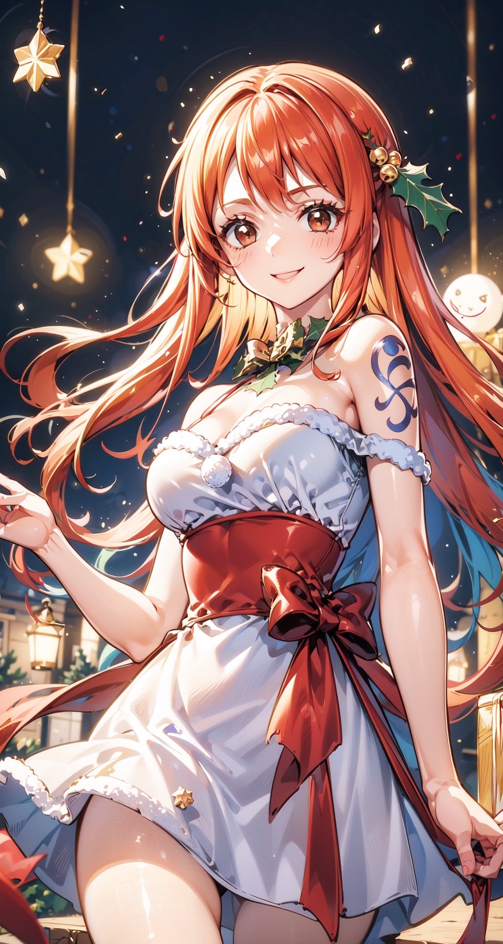 merry_christmas, smile, christmas dress, in a snowball,nami (one piece), long hair, orange hair, brown eyes, shoulder tattoo,Christmas,anime,1 girl