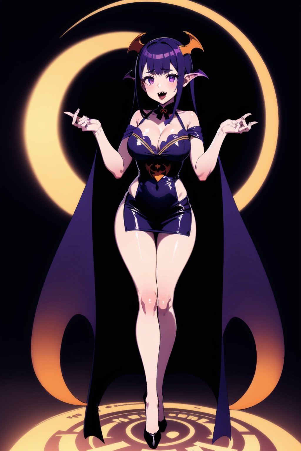 Halloween style, ((vampire costumes)), 1girl, colorful, elemental, fire, best quality, full body, Wide Shot, magic Circle, Circle, raidenshogundef, long hair, purple hair, purple eyes