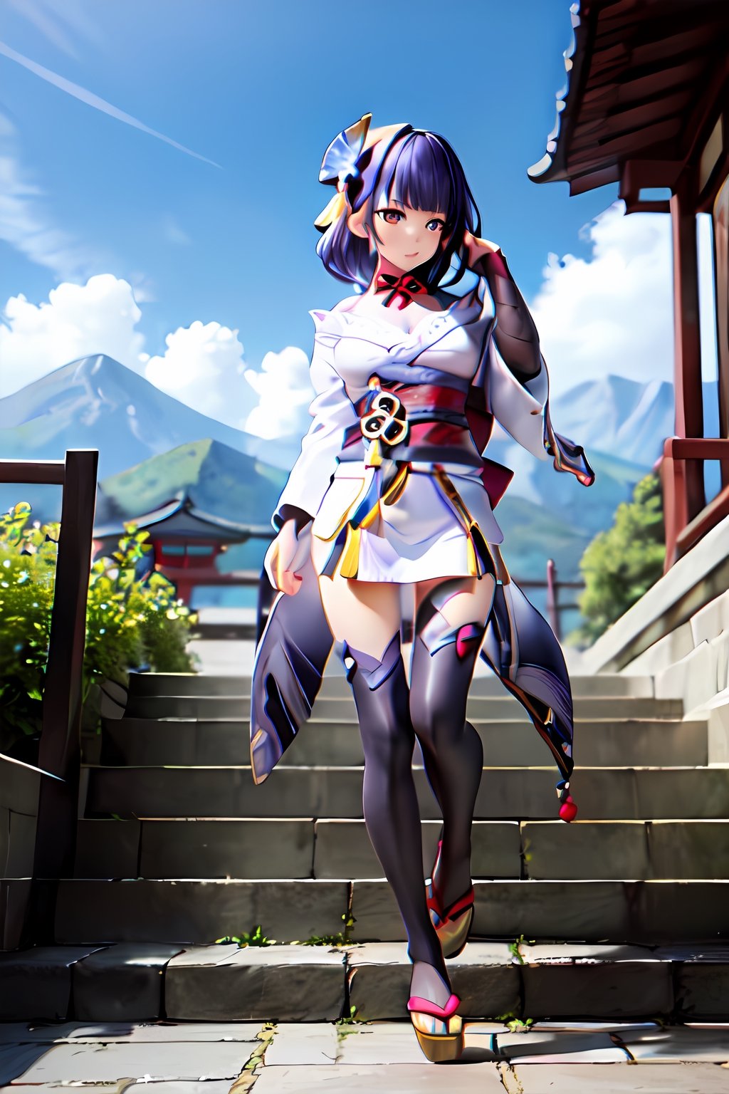 raidenshogundef, full body, smile, blush, outdoors, day, simple background, blue sky, short hair, sky, temple, looking at viewer, stairs, mountain, moody lighting, facing viewer,long hair