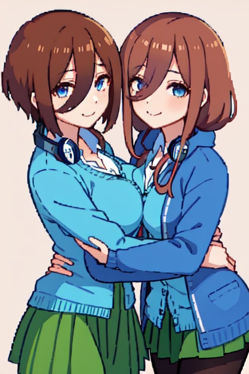 miku nakano, brown hair, hugging, breast press, symmetrical docking, hair between eyes, smile, pantyhose, green skirt, blue cardigan, headphones, highly detailed, absurdres, masterpiece,pixel_art