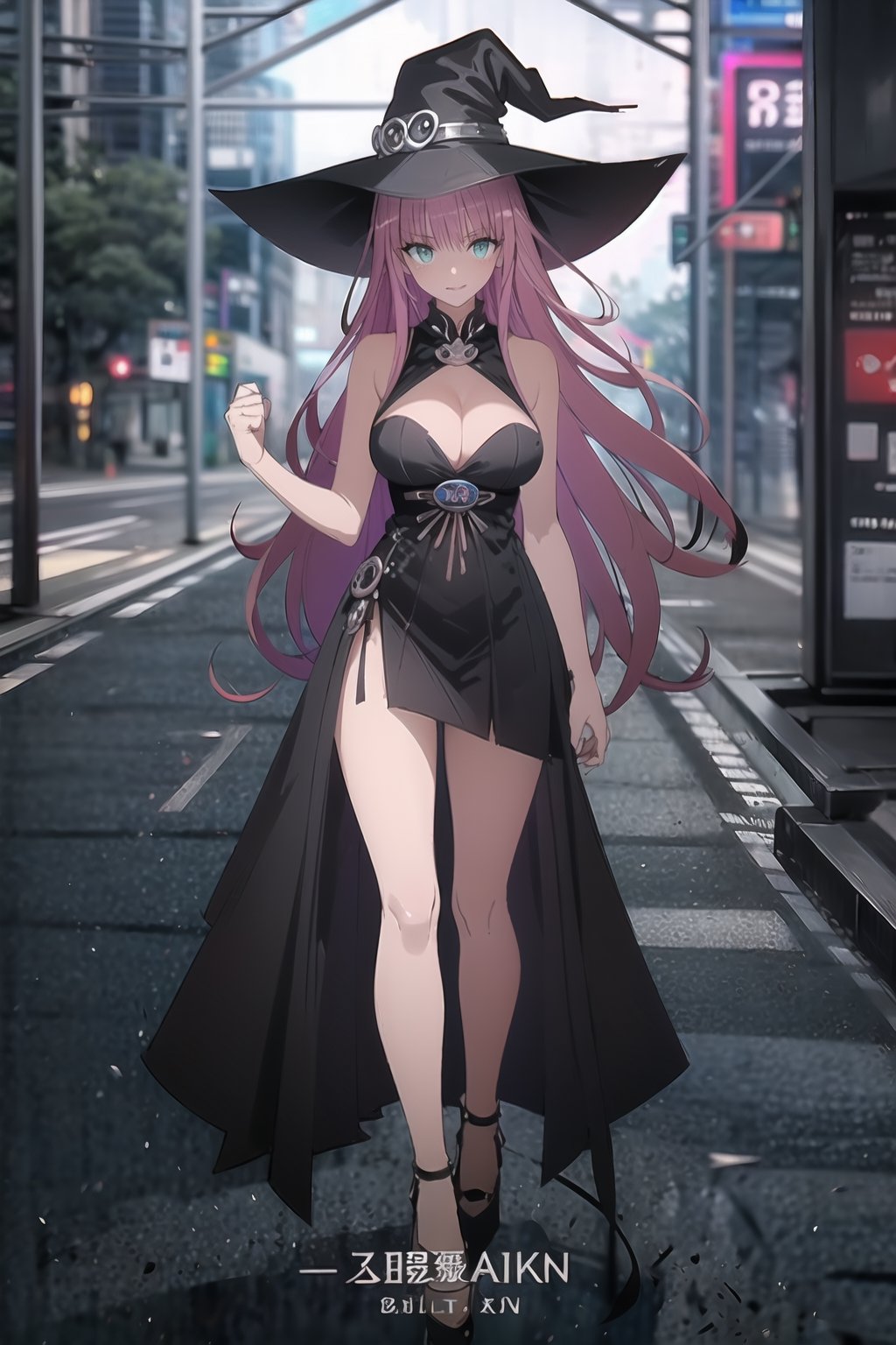  solo,black witch,balck witch hat,black witch dress,detailed face and eyes,1 girl,cleavage,playing, large moon in background, cyberpunk ,styled in Art Nouveau,insanely detailed, embellishments,high definition,concept art, digital art, tarot card,dynamic pose,full body,Lala Satalin Deviluke, masterpiece,  best