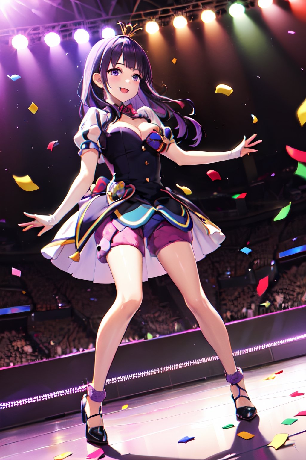 1girl, solo, full body,masterpiece, high definition,cleavage, playing,best quality, highres,((crown, gloves, dress,mfs)),((Idol girl in dress dancing on stage with confetti)),smile, splash art anime,(long hair:0.7, purple hair, purple eyes)