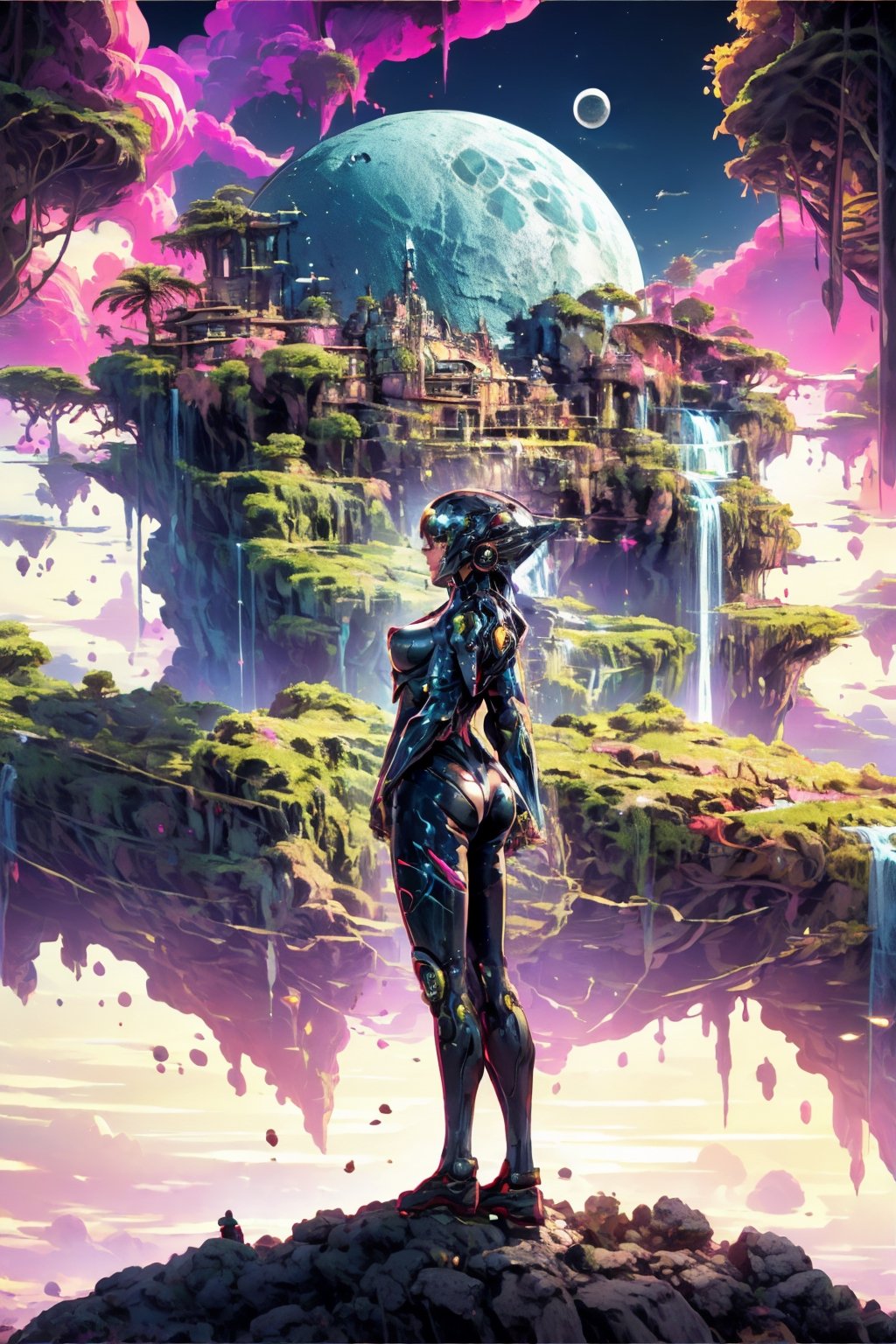 masterpiece, best quality, 1girl, bodysuit, full body, mechanical arms, medium breasts, science fiction, solo, standing, (island,sky,moon,fairy,clock,waterfall,pink, electrical storm, lightning), raidenshogundef