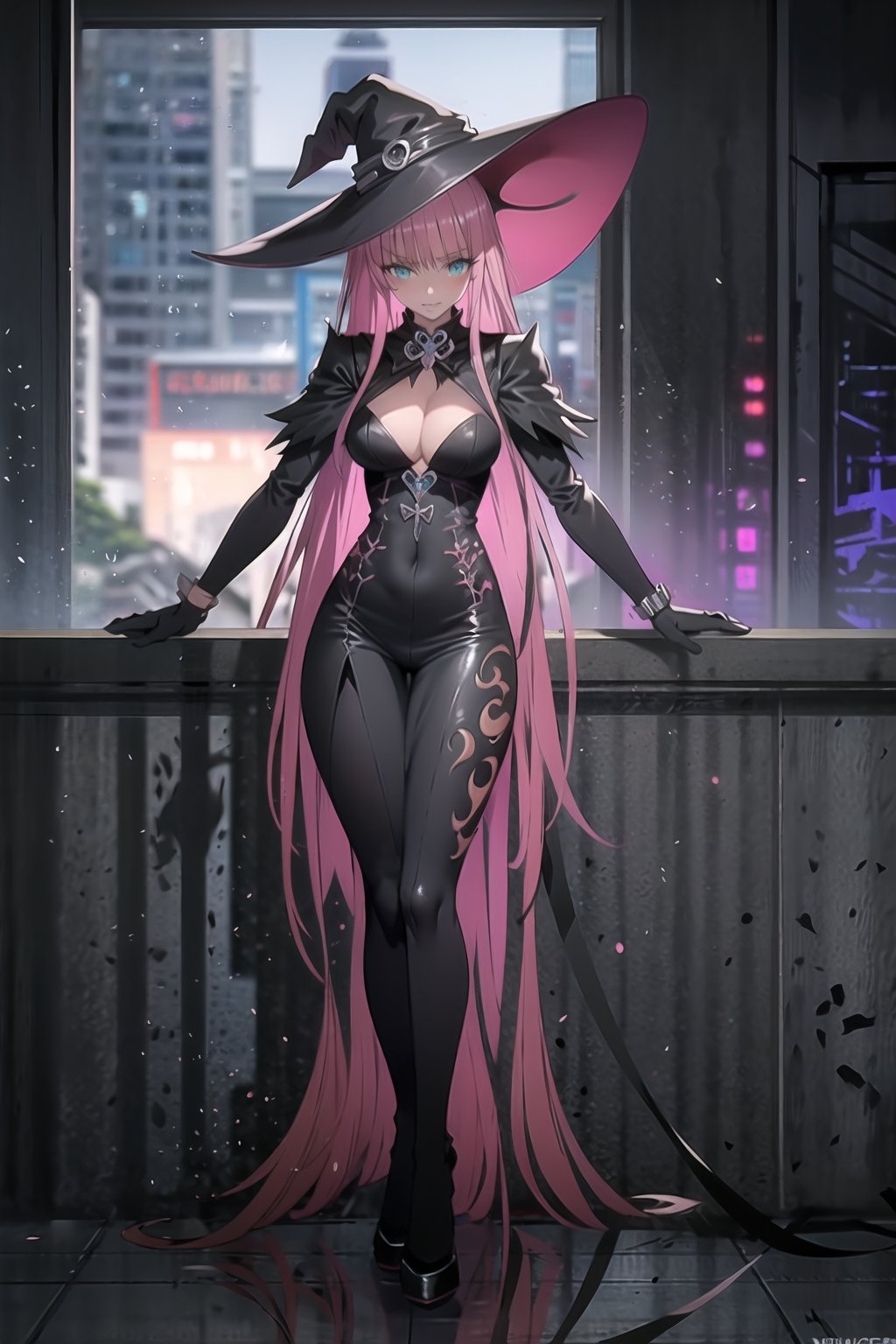  solo,black witch,balck witch hat,black witch dress,detailed face and eyes,1 girl,cleavage,playing, large moon in background, cyberpunk ,styled in Art Nouveau,insanely detailed, embellishments,high definition,concept art, digital art, tarot card,dynamic pose,full body,Lala Satalin Deviluke, masterpiece,  best