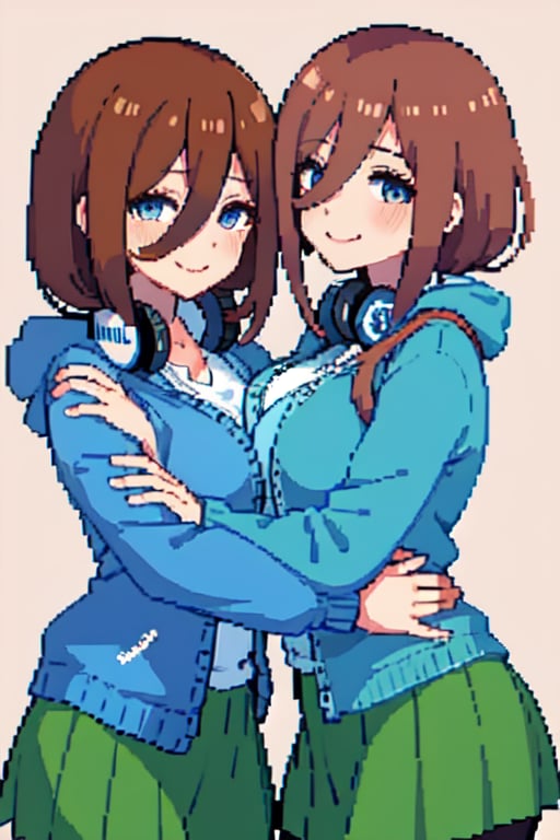 miku nakano, brown hair, hugging, breast press, symmetrical docking, hair between eyes, smile, pantyhose, green skirt, blue cardigan, headphones, highly detailed, absurdres, masterpiece,PixelArt,pixel_art