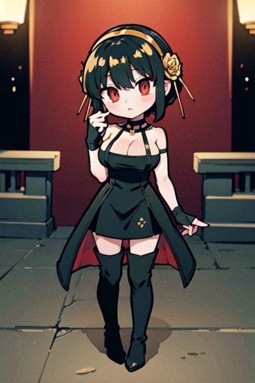 (chibi), full body, solo, 1girl,BBYORF, sidelocks, gold hairband, hair ornament, red eyes, gold earring, large breasts, choker, bare shoulders, black dress, two-sided dress, fingerless gloves, thigh boots, , cowboy shot, standing, looking at viewer, outdoors, night