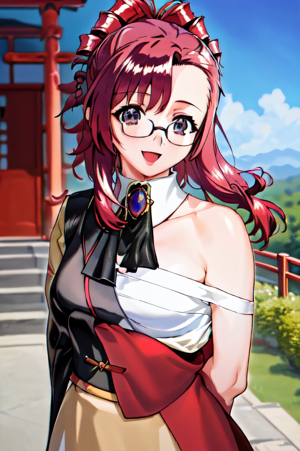 masterpiece, best quality,1girl, large breasts, sarashi, off shoulder, japanese clothes, chest sarashi, highres, km1, red hair, sidelocks, brooch, jewelry, ascot,  glasses, outdoors, graden, arms behind back, smile, open mouth