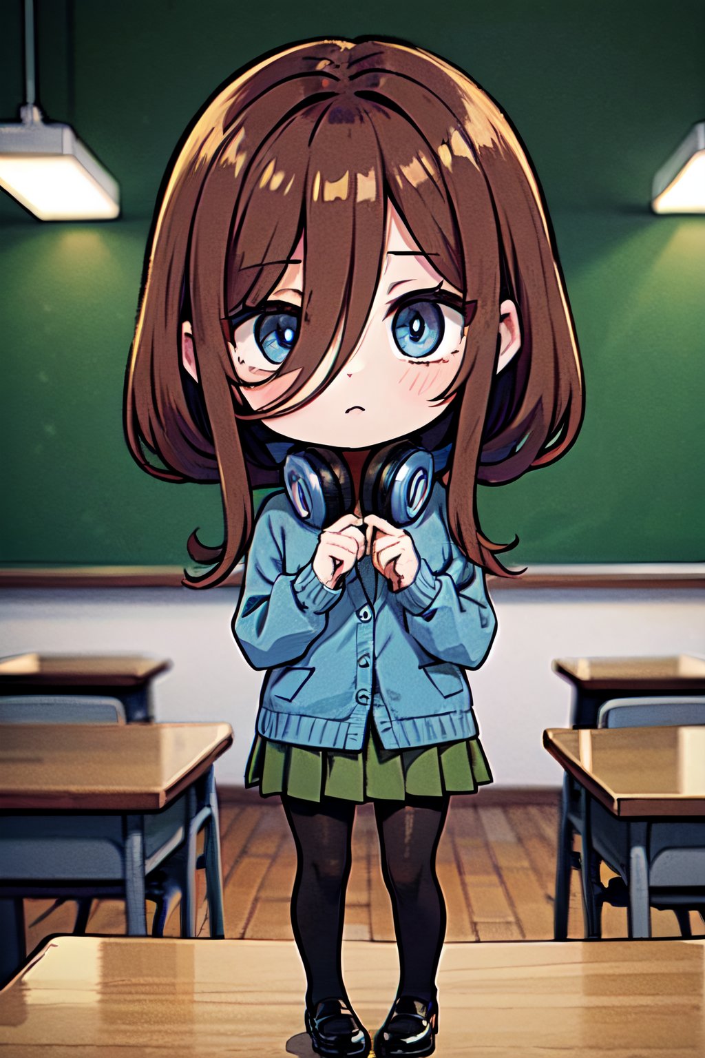 (chibi), full body, solo, 1girl, miku nakano, miku nakano, long hair, bangs, blue eyes, brown hair, shirt, hair between eyes, headphones, cardigan, headphones around neck, skirt, shirt, long sleeves, white shirt, pantyhose, pleated skirt, black pantyhose, cardigan, green skirt, blue cardigan,BREAK indoors, classroom,looking at viewer,  (masterpiece:1.2), best quality, high resolution, unity 8k wallpaper, (illustration:0.8), (beautiful detailed eyes:1.6), extremely detailed face, perfect lighting, extremely detailed CG, (perfect hands, perfect anatomy),