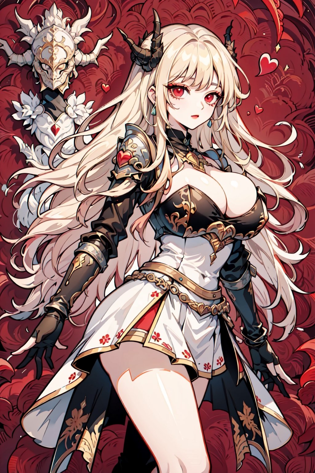 anime, design, front and rear design, custom character, character design, full body,  big boobies, big breast, design(masterpiece, top quality, best quality, official art, beautiful and aesthetic:1.2 ), (1girl), extreme detailed, (fractal art:1.3), highest detailed, 1 girl, medieval armor,  female armor,  cleavage, heart in eye, huge breasts, miniskirt, bra,mink_\(dragon_half\),bikini armor, ,kitagawa marin, red eyes, earrings, blond hair