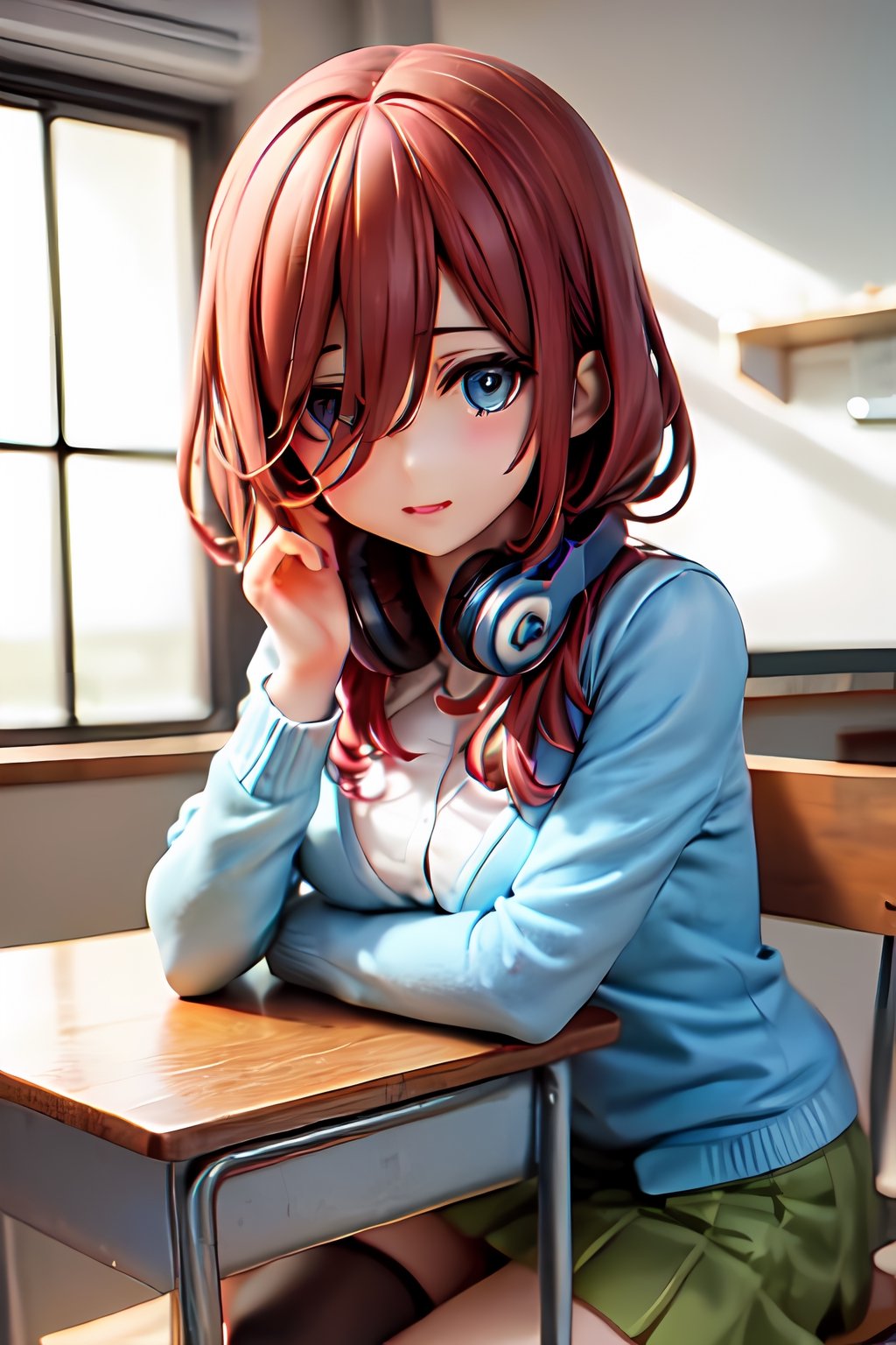 mikunakano, , miku nakano, long hair, bangs, blue eyes, brown hair, shirt, hair between eyes, headphones, cardigan, headphones around neck,BREAK skirt, shirt, long sleeves, white shirt, pantyhose, pleated skirt, black pantyhose, cardigan, green skirt, blue cardigan,BREAK indoors, classroom,BREAK looking at viewer, BREAK , (masterpiece:1.2), best quality, high resolution, unity 8k wallpaper, (illustration:0.8), (beautiful detailed eyes:1.6), extremely detailed face, perfect lighting, extremely detailed CG, (perfect hands, perfect anatomy),