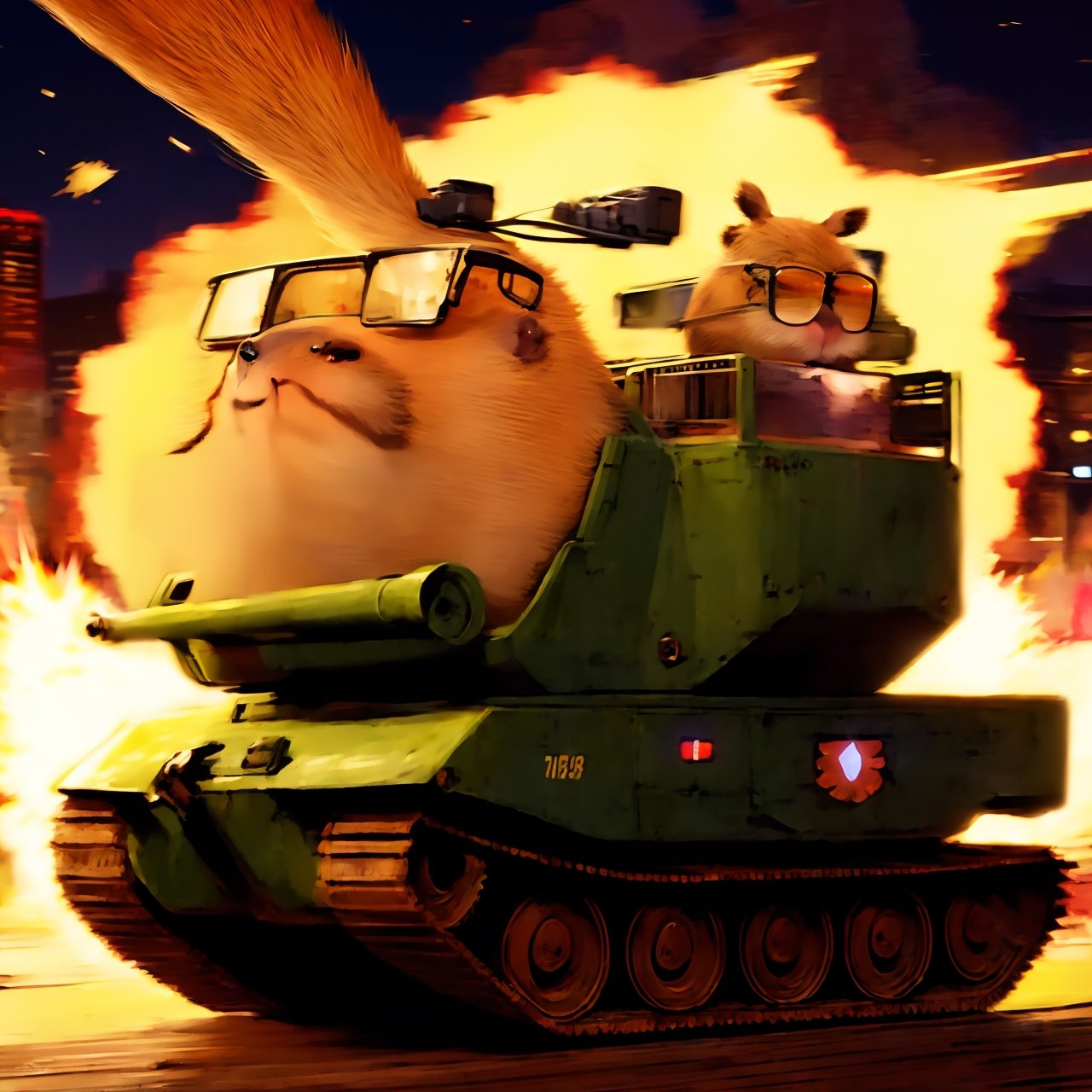 anime, masterpiece, best quality, absurdres, highres, ultra detailed, ((capybara on a tank)),  (kawaii:1.3), (anime:1.4), cute, round eyes, capybara wears sunglasses and a military cap, city, (explosion:1.2), capybara