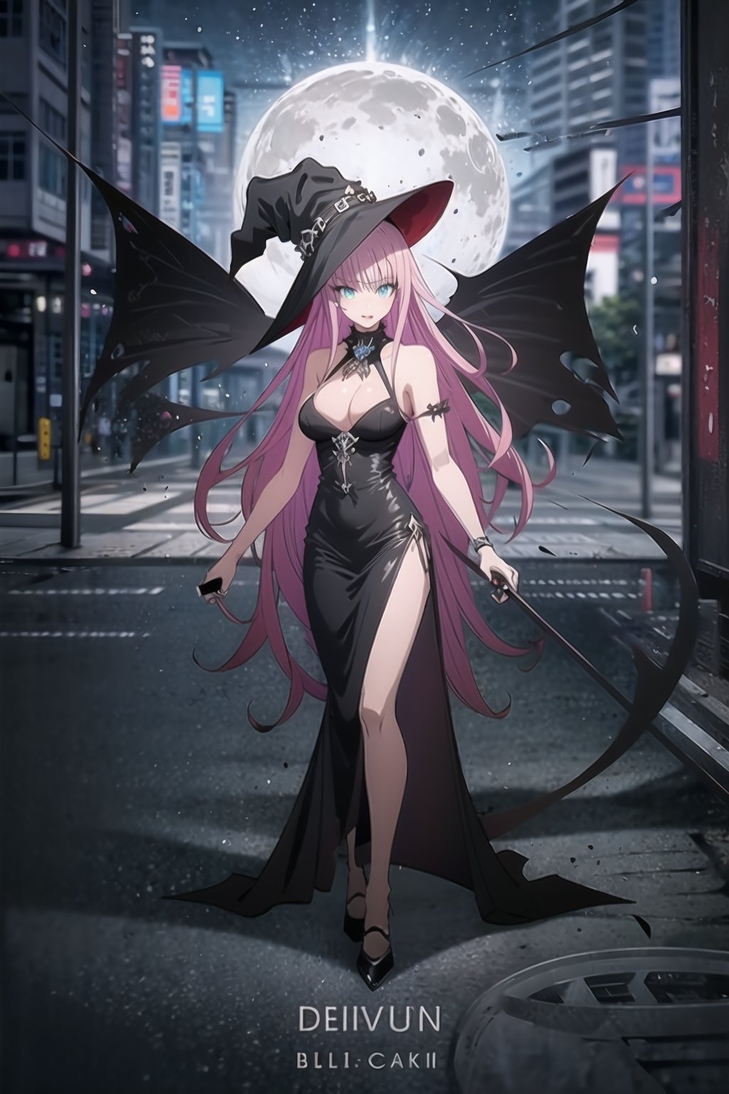  solo,black witch,balck witch hat,black witch dress,detailed face and eyes,1 girl,cleavage,playing, large moon in background, cyberpunk ,styled in Art Nouveau,insanely detailed, embellishments,high definition,concept art, digital art, tarot card,dynamic pose,full body,Lala Satalin Deviluke, masterpiece,  best