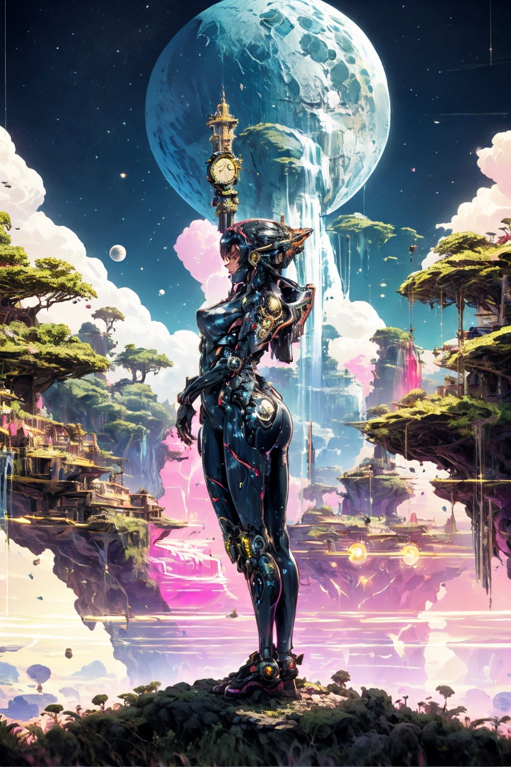 masterpiece, best quality, 1girl, bodysuit, full body, mechanical arms, medium breasts, science fiction, solo, standing, (island,sky,moon,fairy,clock,waterfall,pink, electrical storm, lightning), raidenshogundef