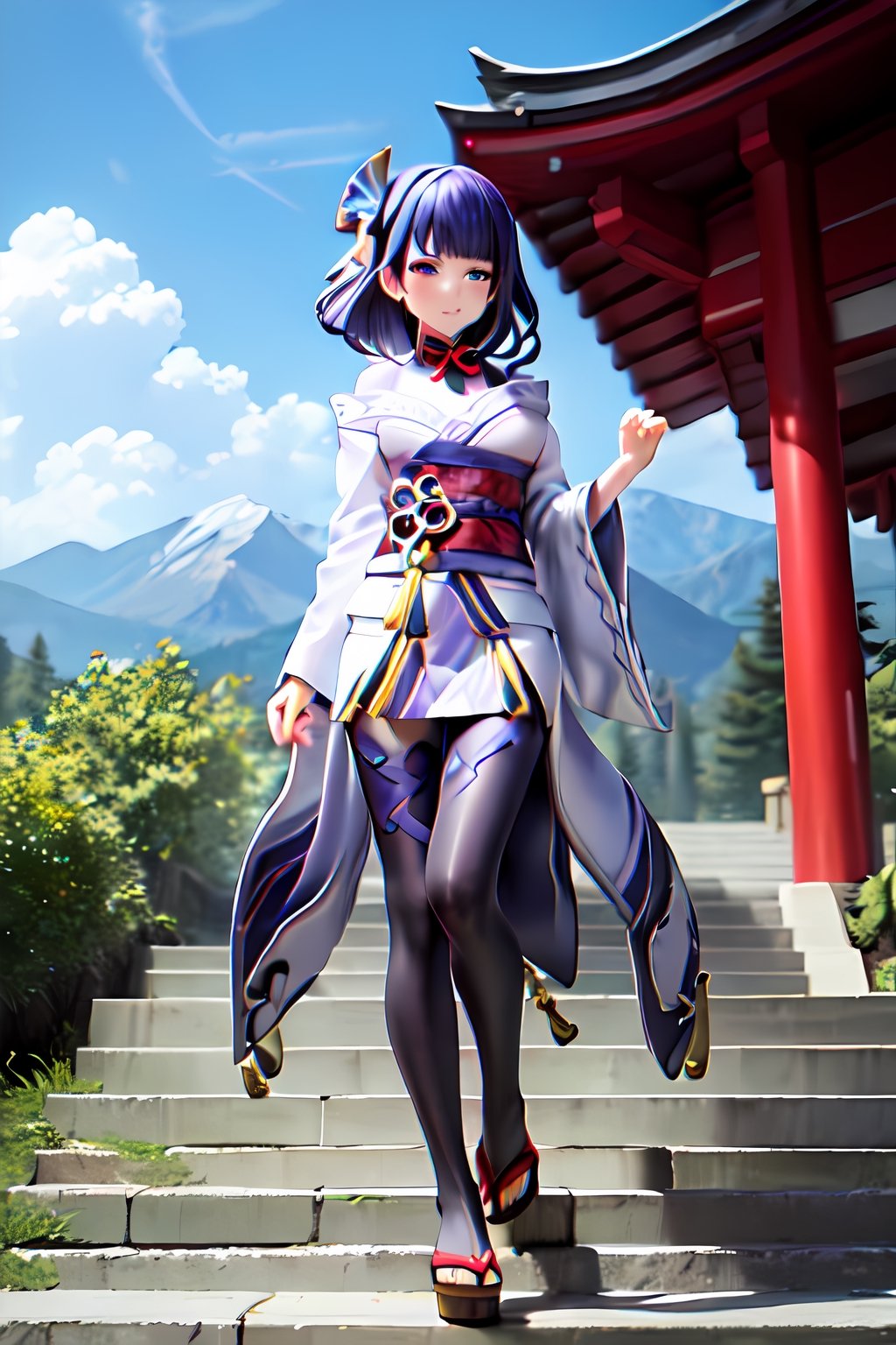 raidenshogundef, full body, smile, blush, outdoors, day, simple background, blue sky, short hair, sky, temple, looking at viewer, stairs, mountain, moody lighting, facing viewer,long hair