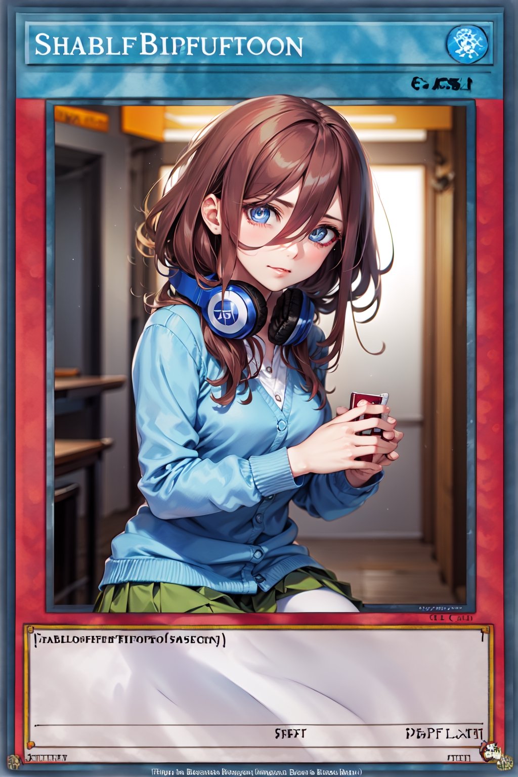 yugioh_card,(anime style),masterpiece, best quality, masterpiece,, long hair, bangs, blue eyes, brown hair, shirt, hair between eyes, headphones, cardigan, headphones around neck,BREAK skirt, shirt, long sleeves, white shirt, pantyhose, pleated skirt, black pantyhose, cardigan, green skirt, blue cardigan,BREAK indoors, classroom,BREAK looking at viewer, BREAK , (masterpiece:1.2), best quality, high resolution, unity 8k wallpaper, (illustration:0.8), (beautiful detailed eyes:1.6), extremely detailed face, perfect lighting, extremely detailed CG, (perfect hands, perfect anatomy),miku nakano