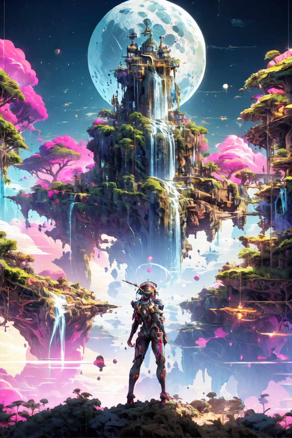 masterpiece, best quality, 1girl, bodysuit, full body, mechanical arms, medium breasts, science fiction, solo, standing, (island,sky,moon,fairy,clock,waterfall,pink, electrical storm, lightning), raidenshogundef