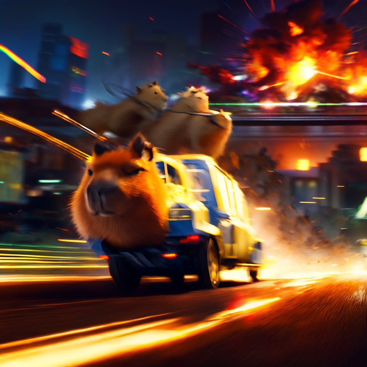 anime, masterpiece, best quality, absurdres, highres, ultra detailed, (capybara on a tank), tank in a motion, (motion blur, motion lines:1.4), (kawaii:1.3), (anime:1.4), cute, round eyes, (capybara wears sunglasses and a military cap), city, (explosion:1.2), capybara