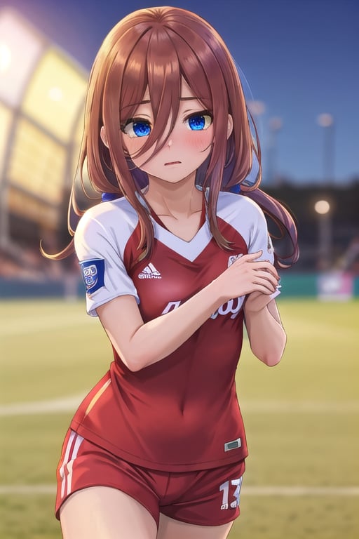 (wearing soccer_uniform:1.3),red uniform, good hand,4k, high-res, masterpiece, best quality, head:1.3,((Hasselblad photography)), finely detailed skin, sharp focus, (cinematic lighting), collarbone, night, soft lighting, dynamic angle, [:(detailed face:1.2):0.2],(((inside_soccer_field))), miku nakano,long hair, blue eyes, brown hair,hair between eyes