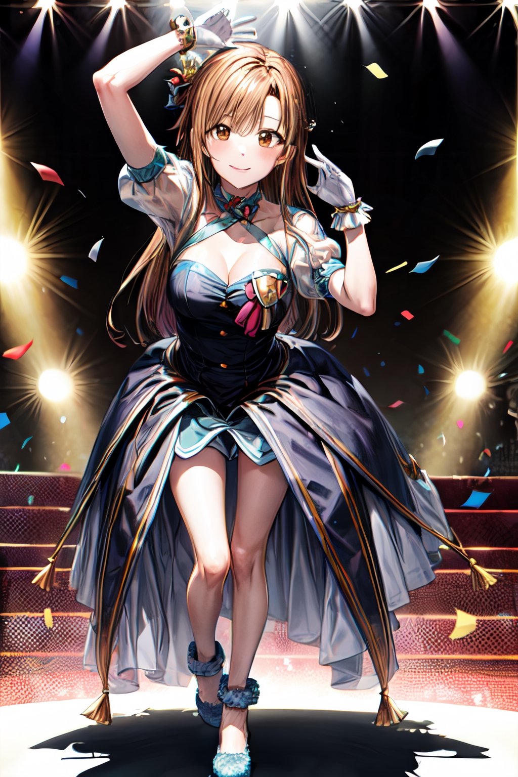 ((masterpiece, best quality), detailed, highres, extremely detailed, beautiful detailed eyes, ultra-detailed),1girl, solo, full body,cleavage, playing,((crown, gloves, dress,mfs)),((Idol girl in dress dancing on stage with confetti)),smile, splash art anime,(long hair,brown hair,(brown eyes:2) ),asuna yuuki