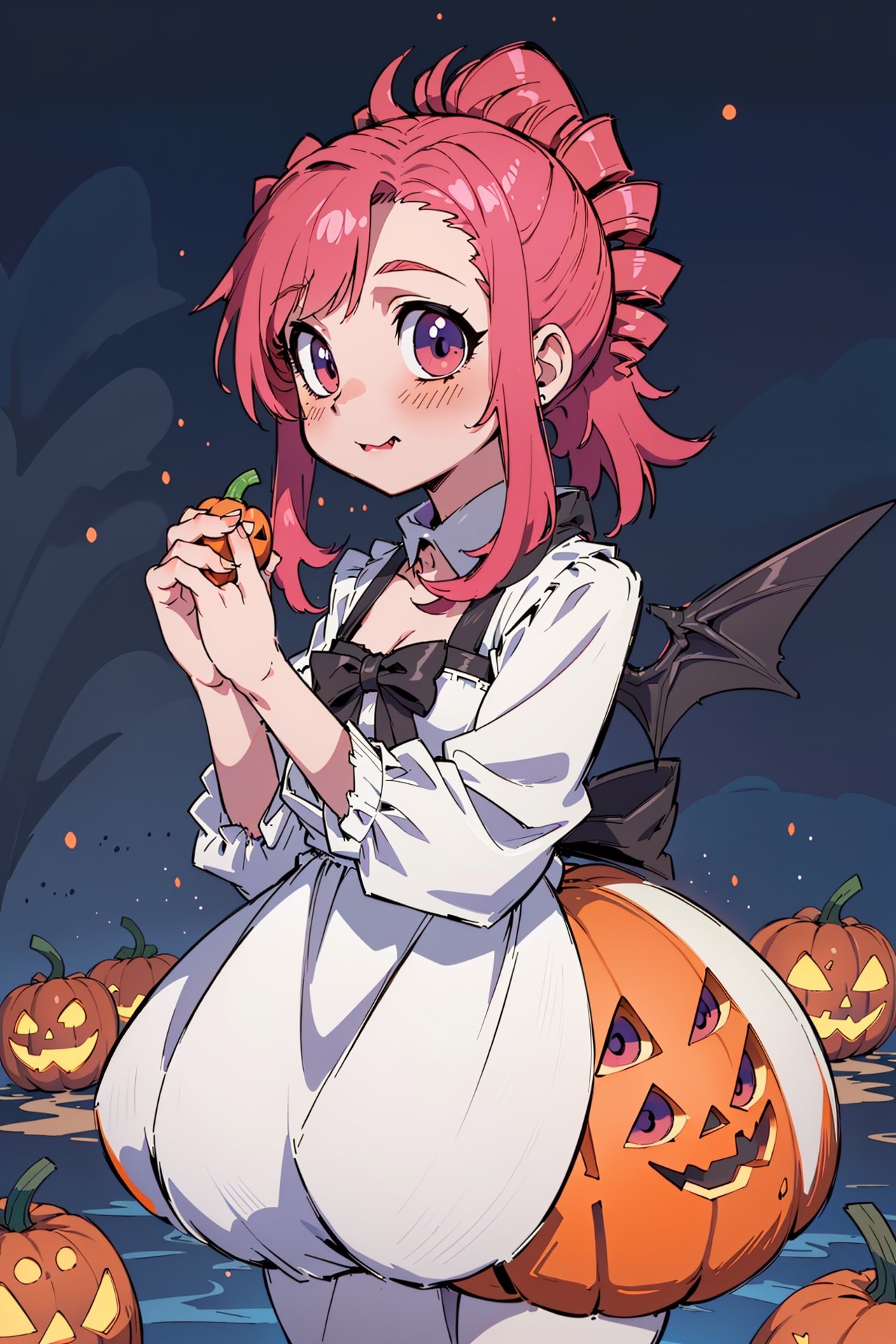 (pumpkin color cute background:1.3), rough sketch tiny girl, (succubus:0.8), fluffy dress, devil's black horns, devil's black wings, ((griping the edge of pumpkin lantern with hands)), looking at viewer, (Helltaker:1.1),km1