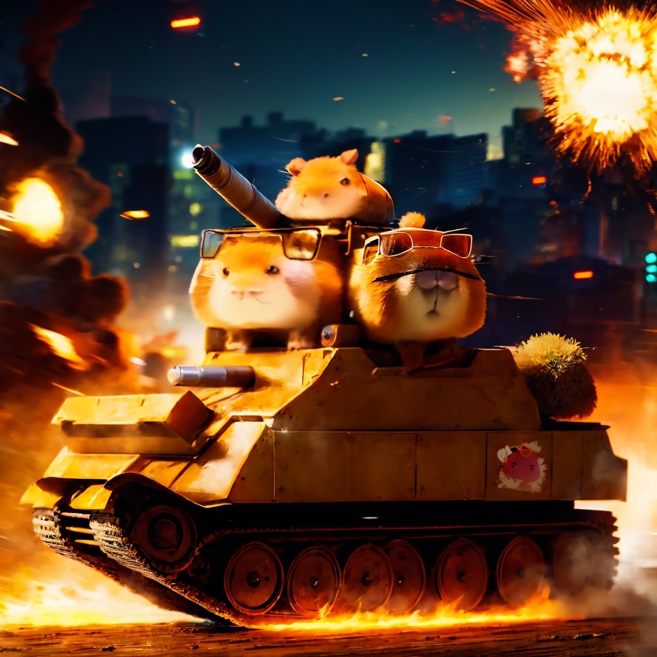 anime, masterpiece, best quality, absurdres, highres, ultra detailed, ((capybara on a tank)),  (kawaii:1.3), (anime:1.4), cute, round eyes, capybara wears sunglasses and a military cap, city, (explosion:1.2), capybara